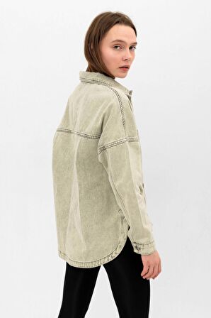 Haki Yeşil  Cepli Yırtmaç Detaylı Oversize Denim Ceket