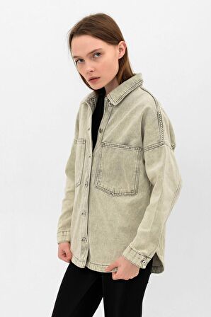 Haki Yeşil  Cepli Yırtmaç Detaylı Oversize Denim Ceket