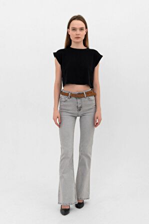 Kadın Flare Kemerli İspanyol Paça Gri Likralı Kot Pantolon