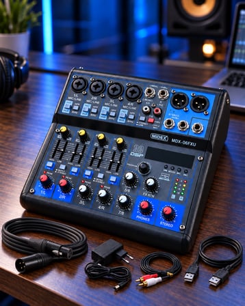 Midex MDX-06FXU Ses Mikseri Stüdyo Kayıt İçin 6 Kanal Ses Kartlı 99 DSP Efektli (+48V-USB-Bluetooth)
