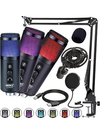 Midex V5 RGB Set USB Oyuncu ve Yayıncı Mikrofonu Condenser Stüdyo (Kayıt Gaming Tiktok Twitch Canlı yayın Discord Youtube)(OUTLET)