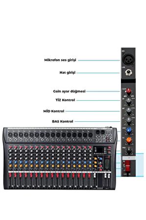 Midex Mix DM-16 Deck Mikser 16 Kanal Ses Mikseri (Bluetooth USB Efekt)