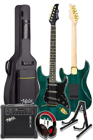 Midex GLC-40GR-AMP Elektro Gitar Seti 25 WATT Şarjlı BT Amfi Kulaklık ve Full SET Siyah - Yeşil