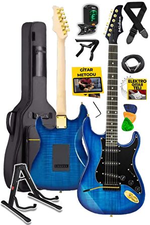 Midex GLC-40BL Profesyonel Elektro Gitar Mavi (Stand Gigbag Askı Capo Tuner Pena Kablo Yedek Tel)