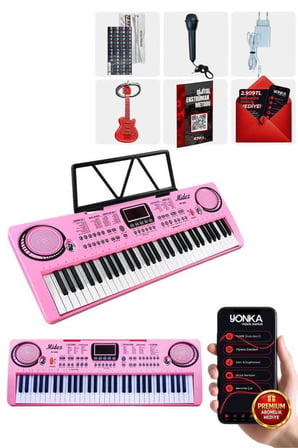 Midex PS-1500PK Başlangıç İçin 61 Tuşlu Org Pembe Renk Notalık Adaptör Mikrofon METOD (100 Ses 100 Ritim)