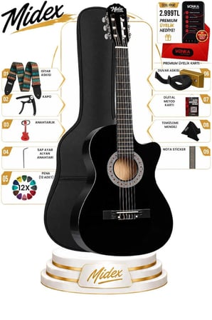 Midex CG-395BK Siyah Klasik Gitar 4/4 Sap Ayarlı Kesik Kasa Full Set (Çanta Askı Pena)