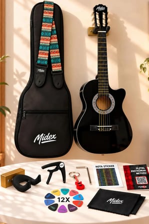Midex CG-395BK Siyah Klasik Gitar 4/4 Sap Ayarlı Kesik Kasa Full Set (Çanta Askı Pena)