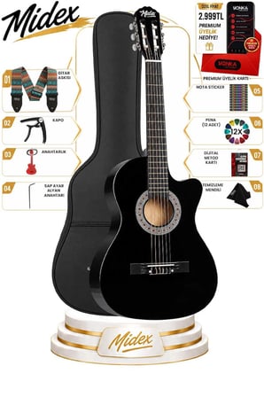 Midex CG-395BK Siyah Klasik Gitar 4/4 Sap Ayarlı Kesik Kasa Full Set (Çanta Askı Pena)