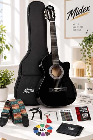 Midex CG-395BK Siyah Klasik Gitar 4/4 Sap Ayarlı Kesik Kasa Full Set (Çanta Askı Pena)