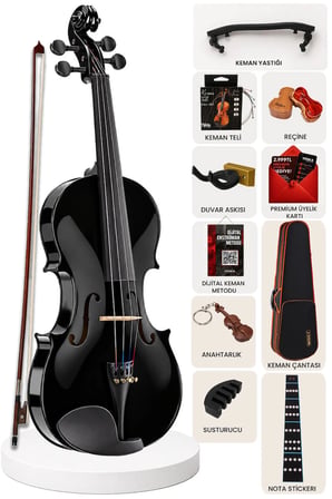 Midex HGA44BK-PAK Full Siyah Set Keman 4/4 (Yastık Tuner Susturucu Yedek Tel Reçine Çanta Yay)