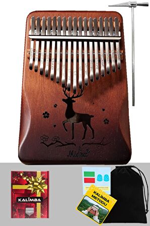 Midex KLX-520 Hakiki Ağaç Kalimba Geyik Desenli Ahşap Full Set 17 Çelik Tuşlu