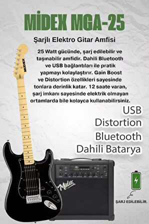 Midex RPH-40BK-25AMP Elektro Gitar Seti 25 WATT GAİN'Lİ Bluetooth Şarjlı Amfi ve Full SET
