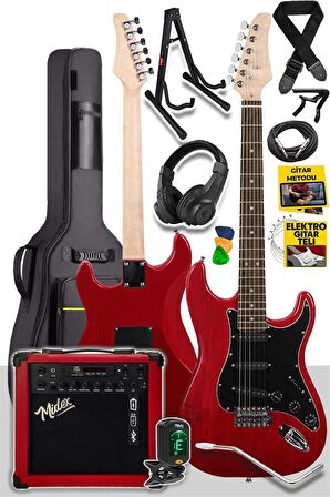 Midex RPH30RD-25AMP RED Elektro Gitar Seti 25 WATT GAİN'Lİ Şarjlı Amfi ve Full SET