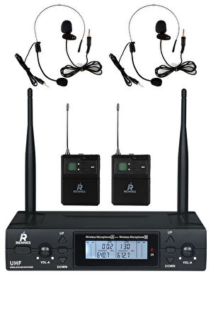 Rennes RM-900HH UHF 2x100 Kanal Çiftli Kablosuz Yaka ve Headset Mikrofonu Çift Anten LCD Ekran