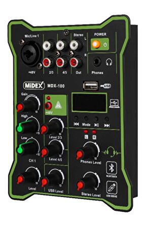 Midex MDX-100 Stüdyo Kayıt İçin Ses Kartlı Mixer +48V Phantom Power ile Stüdyo Mikser