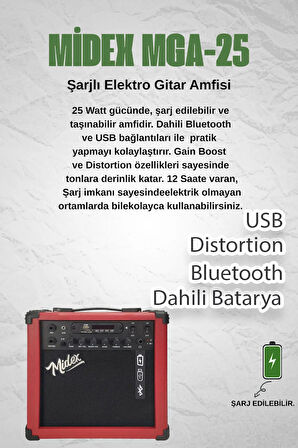 Midex MGA-25RD Elektro Gitar Amfisi 25 Watt USB Bluetooth Şarjlı 2 Girişli