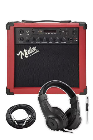 Midex MGA-25RD-HD Elektro Gitar Amfisi 25 Watt USB Bluetooth ve Şarjlı (Amfi Kulaklık ve Jack Kablo)