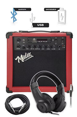 Midex MGA-25RD-HD Elektro Gitar Amfisi 25 Watt USB Bluetooth ve Şarjlı (Amfi Kulaklık ve Jack Kablo)