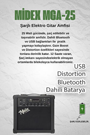 Midex MGA-25BK-PAK Elektro Gitar Amfisi 25 Watt USB Bluetooth ve Şarjlı (Amfi Mikrofon Stand Kulaklık Jack Kablo)