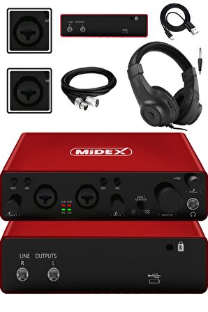 Midex GLX-800RD-H Üst Segment Usb Stüdyo Ses Kartı 2 Giriş 2 Çıkış 24bit/192kHz (Kulaklık kablo Dahil)