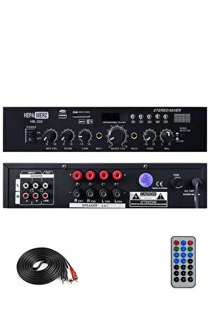 Hepa Merz HB-300 Stereo Mixer Amfi 4-8 Ohm 2 Çıkışlı 2x150W Anfi Bluetooth Usb