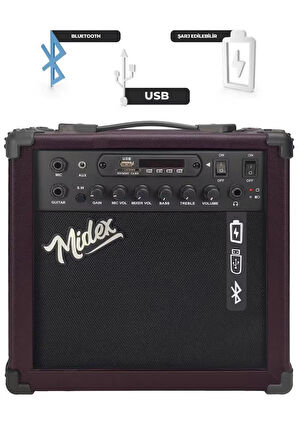 Midex MGA-25BN Elektro Gitar Amfisi 25 Watt USB Bluetooth Şarjlı 2 Girişli
