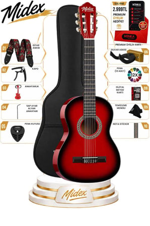 Midex CG-270RD Kırmızı Renk Klasik Gitar 4/4 Yetişkin Boy Sap Ayarlı Full Set