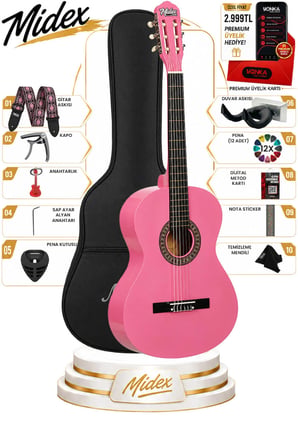 Midex CG-270PK Pembe Renk Klasik Gitar 4/4 Yetişkin Boy Sap Ayarlı Full Set