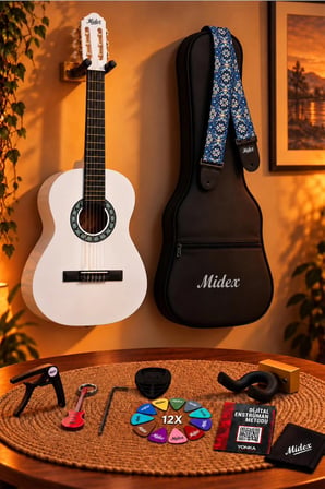 Midex CG-270WH Beyaz Renk Klasik Gitar 4/4 Yetişkin Boy Sap Ayarlı Full Set