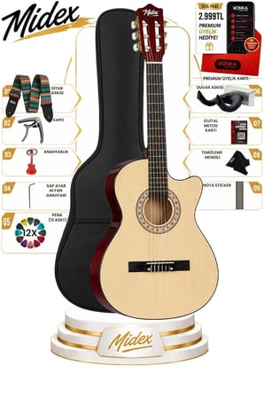 Midex CG-395NT Natural Renk Kesik Klasik Gitar 4/4 Yetişkin Boy Sap Ayarlı Full Set