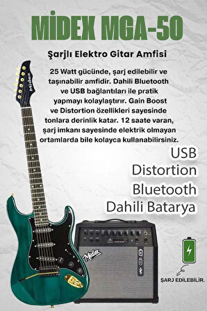 Midex GLC-40GR-50AMP Elektro Gitar Seti 50 WATT Şarjlı BT Amfi Kulaklık ve Full SET