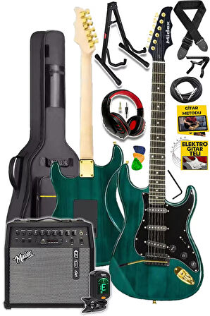 Midex GLC-40GR-50AMP Elektro Gitar Seti 50 WATT Şarjlı BT Amfi Kulaklık ve Full SET