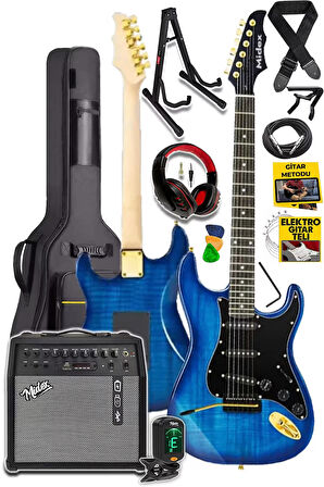 Midex GLC-40BL-50AMP Elektro Gitar Seti 50 WATT Şarjlı BT Amfi Kulaklık ve Full SET