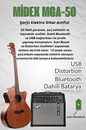 Maxword M450-EQ-50AMP Masif Ağaç 50W Amfili Elektro Akustik Gitar Seti üst Segment