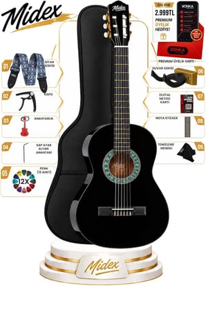 Midex CG-270BK Siyah Klasik Gitar 4/4 Yetişkin Boy Sap Ayarlı Full Set