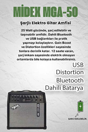 Midex MGA-50-PAK Elektro Gitar Amfisi 50 Watt USB Bluetooth Şarjlı 4 girişli (Mikrofon Kulaklık Stand Kablo)