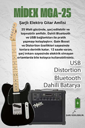 Midex TLX-50BK-25AMP Tele Kasa Maple Klavye 2 Single-Coil 25W Amfili Elektro Gitar