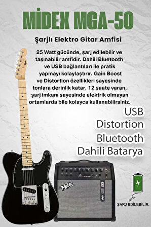 Midex TLX-50BK-50AMP Tele Kasa Maple Klavye 2 Single-Coil 50W Amfili Elektro Gitar