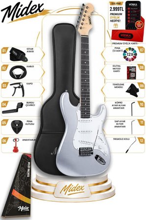Midex RPH-30SL Gül Klavye Silver Strat Kasa SSS Elektro Gitar Seti