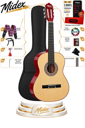 Midex CG-36NT Kaliteli 36 İnç 3/4 Juniur Çocuk Gitarı 8-12 Yaş Arası (Çanta Askı Capo Nota Sticker Pena Metod)