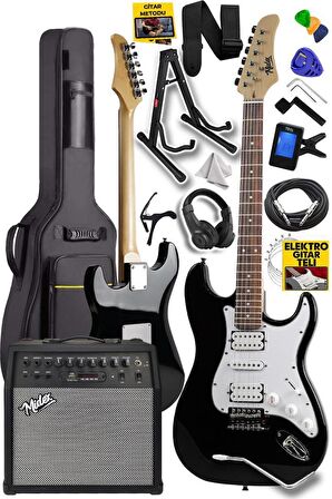 Midex RPH-40WB-50AMP Siyah Beyaz 50W Şarjlı BT Amfili Elektro Gitar Seti HSH Manyetik Gül Klavye