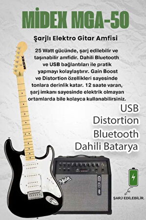 Midex RPH-40WB-50AMP Siyah Beyaz 50W Şarjlı BT Amfili Elektro Gitar Seti HSH Manyetik Gül Klavye