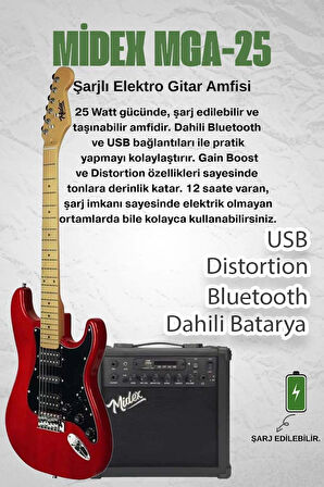 Midex RPH-40RD-25AMP 25W Şarjlı BT Amfili Elektro Gitar Seti HSH Manyetik Maple Klavye