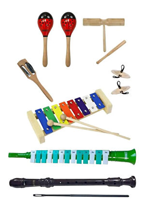 Midex Örf Aletleri Seti Under Paket-3 Marakas Zil Çubuk Ksilofon Melodika Flüt (8 Parça)