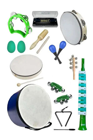 Midex Örf Aletleri Seti Median Paket-3 Maracas Zil Melodika Üçgen Ritim Mızıka Davul Tef (13 Parça)