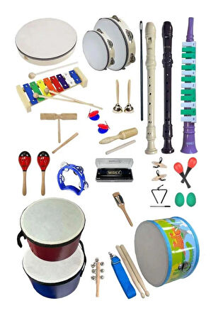 Midex Örf Aletleri Seti Overmuch Paket-1 Marakas Zil Üçgen Ksilofon Melodika Mızıka Davul Flüt (26 Parça)