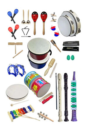 Midex Örf Aletleri Seti Overmuch Paket-2 Marakas Zil Üçgen Ksilofon Melodika Mızıka Davul Flüt (30 Parça)