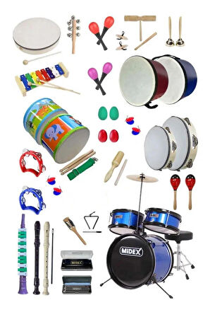 Midex Örf Aletleri Seti Overmuch Paket-3 Marakas Zil Üçgen Ksilofon Melodika Mızıka Davul Flüt (32 Parça)