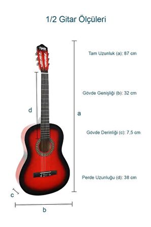 Midex CG-34RD-PAK Kaliteli 34 İnç 1/2 Juniur Çocuk Gitarı Seti 4-8 Yaş Arası (Tuner Çanta Capo Askı Nota Sticker Pena Metod)