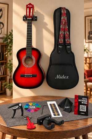 Midex CG-36RD-PAK Kaliteli 36 İnç 3/4 Juniur Çocuk Gitarı 8-12 Yaş Arası (Tuner Çanta Capo Askı Nota Sticker Pena Metod)